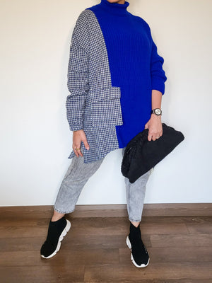 Tweed turtle neck pullover in royal blue
