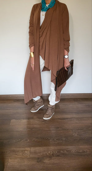 Asymmetrical wool cardigan in coffee brown
